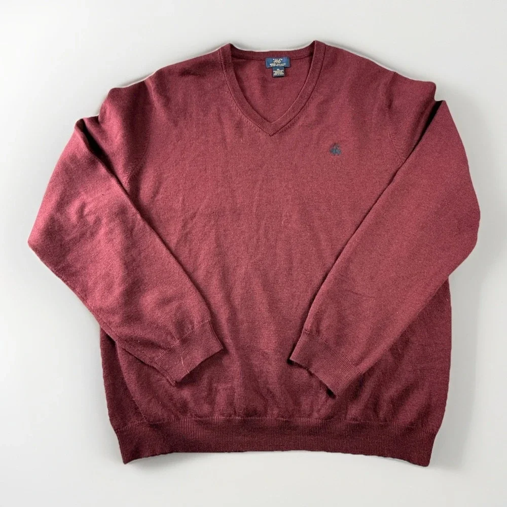 Brooks Brothers 346 Red‎ Extra Fine Merino Wool V Neck Sweater Mens XL burgundy